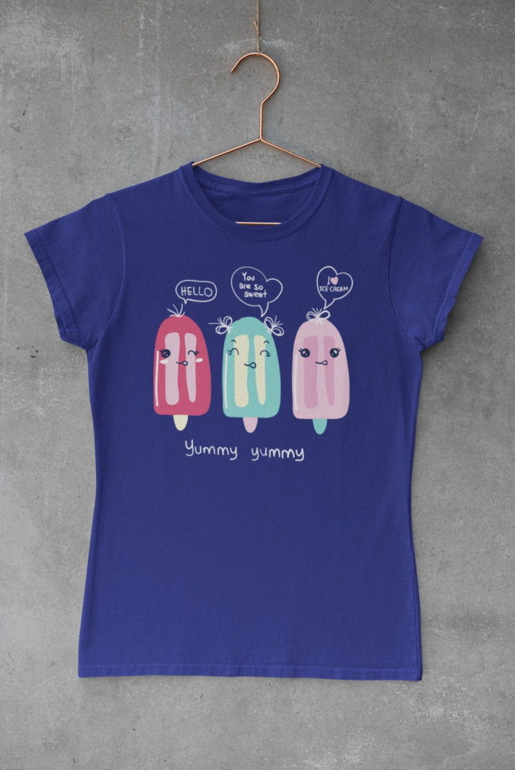 Deep Blue t shirt on a hanger with cute 3 Popsicle icecream print design