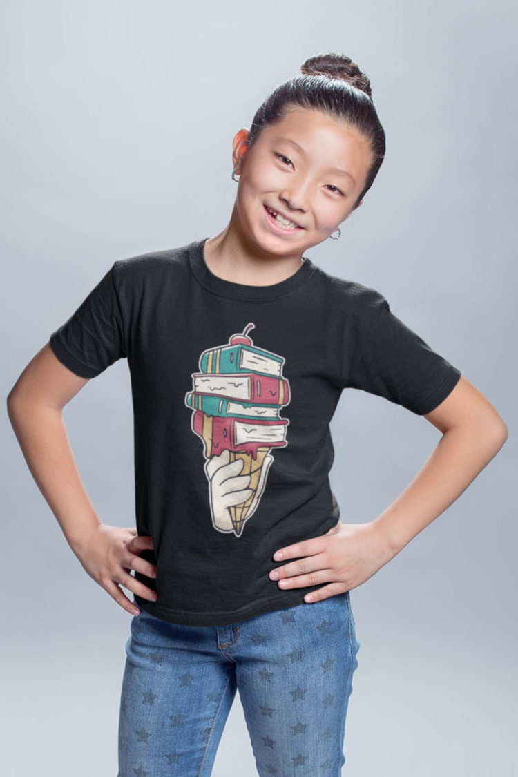 confident girl with ice cream cone with books black tshirt
