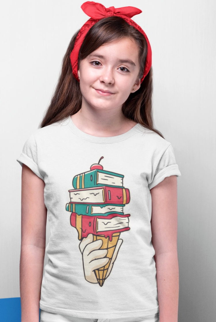 cute girl in white ice cream cone with books tshirt