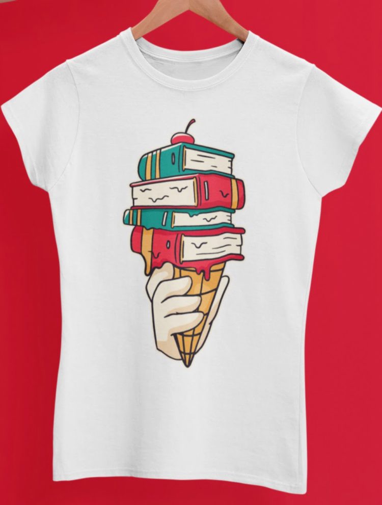 ice cream cone with books white tshirt