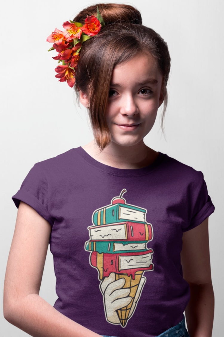 pretty girl in purple ice cream cone with books tshirt