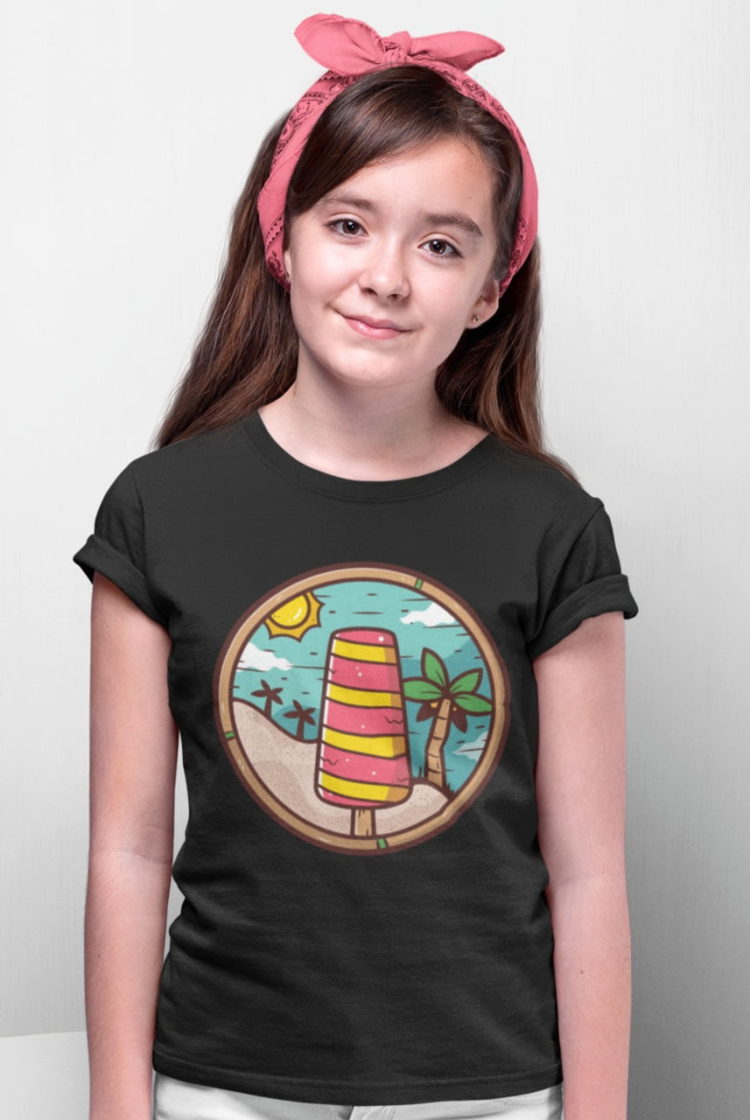 pretty girl in black popsicle on beach summer tshirt