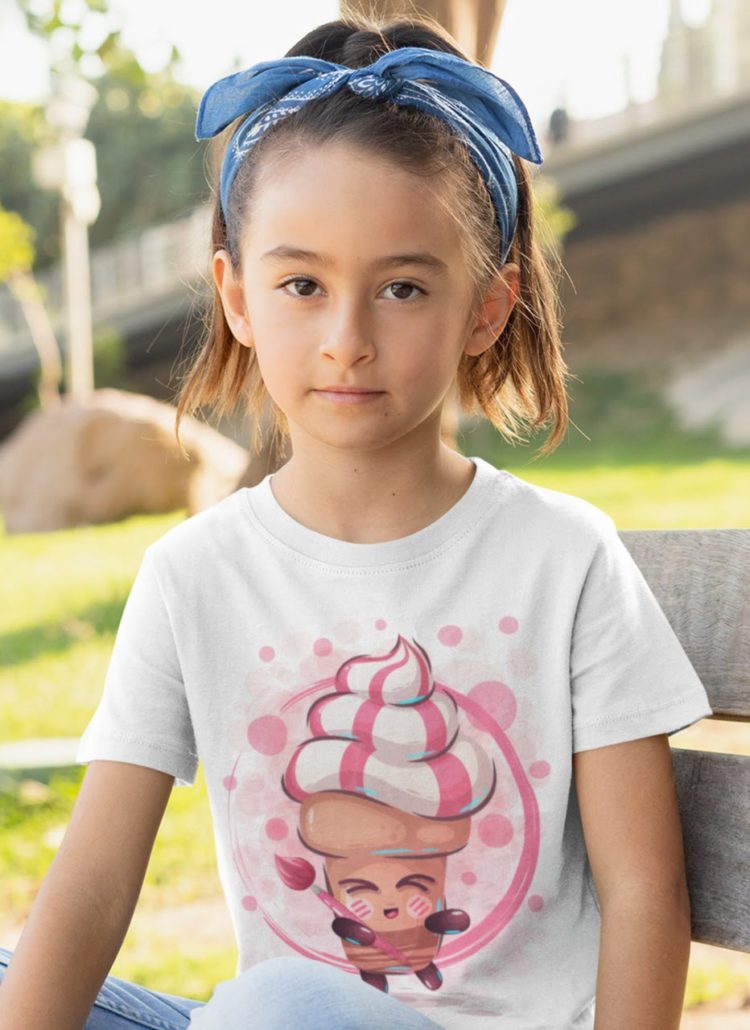 cute girl in white cute-cartoon-pink-icecream holding paintbrush tshirt