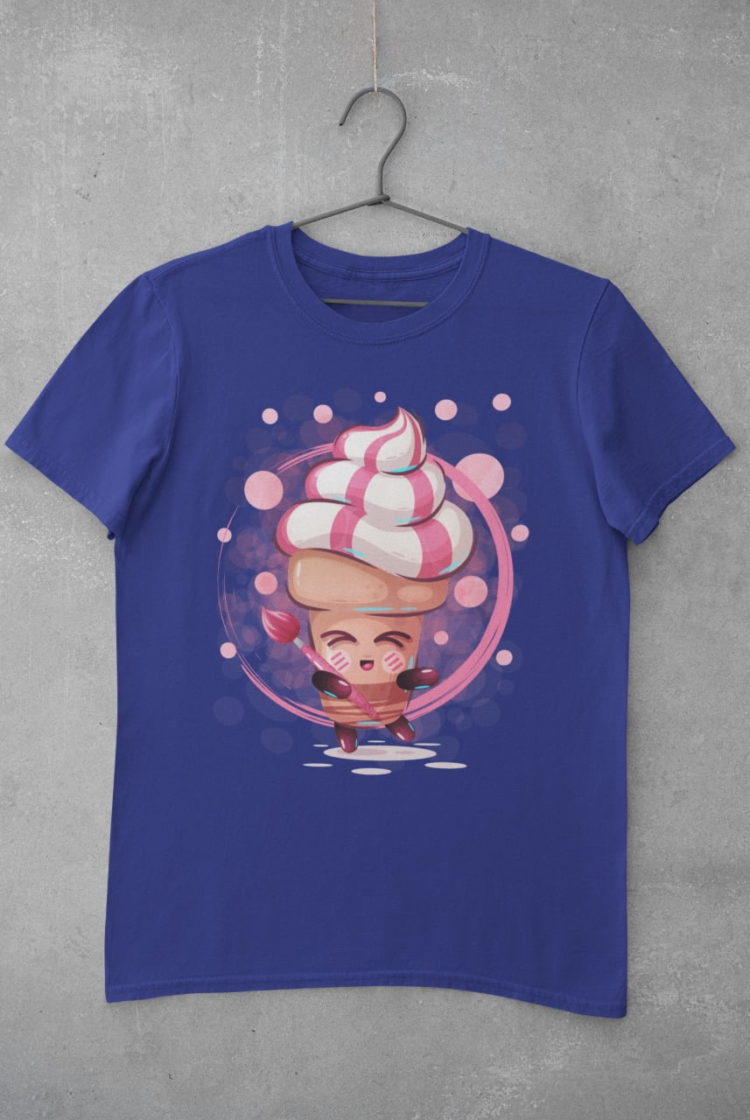 deep blue cute-cartoon-pink-icecream holding paintbrush tshirt