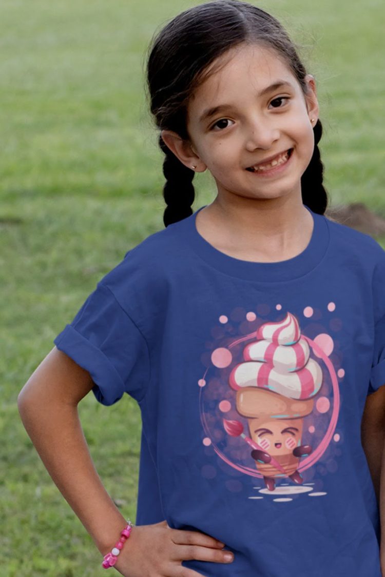 sweet girl with braids in deep blue cute-cartoon-pink-icecream holding paintbrush tshirt