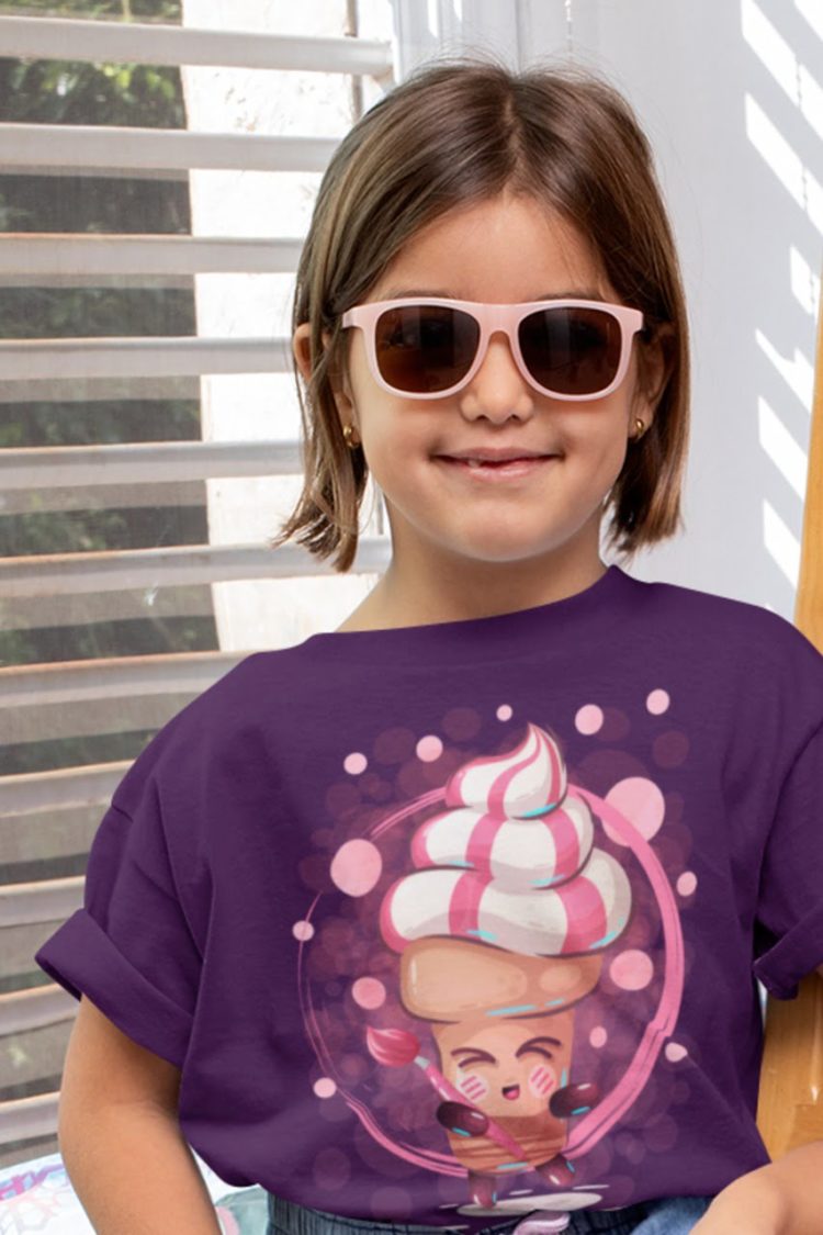 sweet girl with sunglasses in purple cute-cartoon-pink-icecream holding paintbrush tshirt