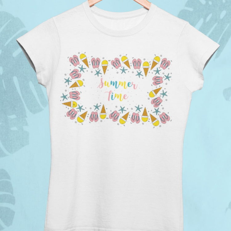 White summer-time-doodle with flip flops ice cream starfish tshirt