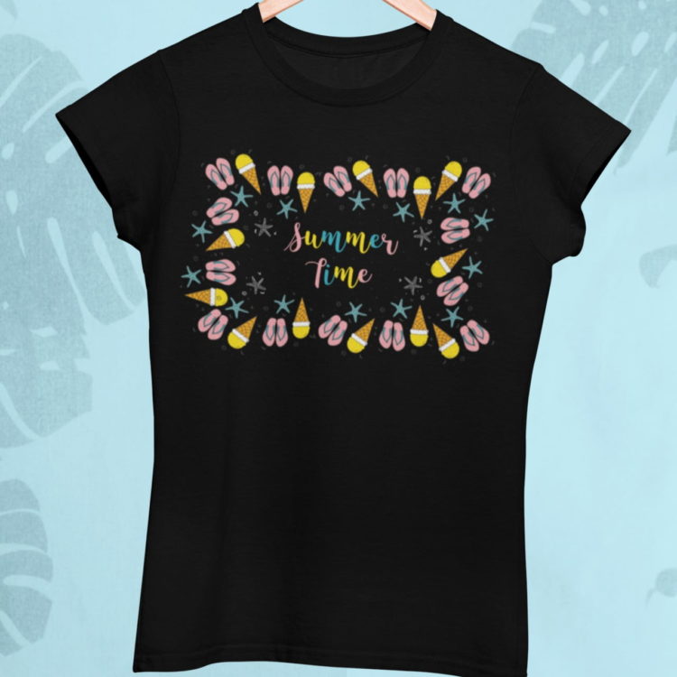 black summer-time-doodle with flip flops ice cream starfish tshirt
