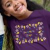 smiling girl in purple summer-time-doodle with flip flops ice cream starfish tshirt