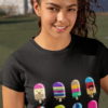 beautiful girl in black tshirt with 8-cute-colorful-cartoon popsicles with different faces