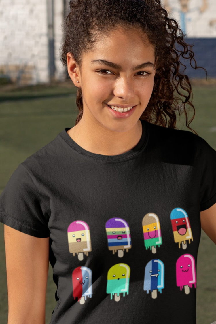 beautiful girl in black tshirt with 8-cute-colorful-cartoon popsicles with different faces