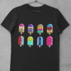 black tshirt with 8-cute-colorful-cartoon popsicles with different faces