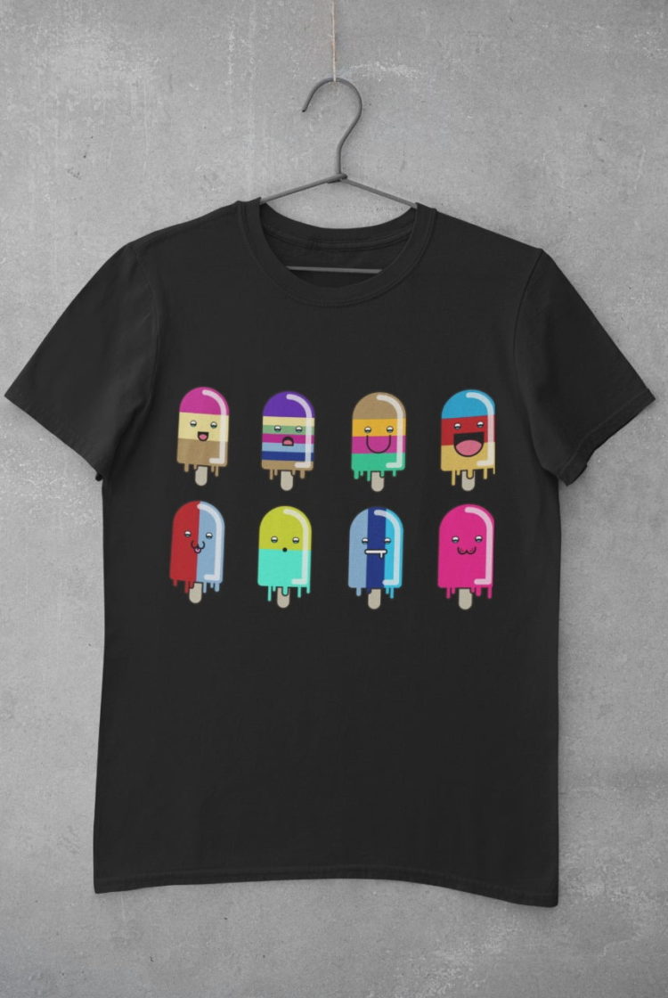 black tshirt with 8-cute-colorful-cartoon popsicles with different faces