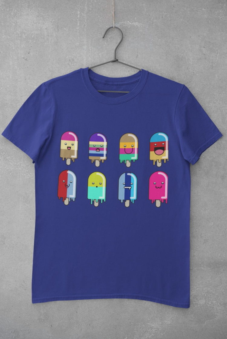 deep blue tshirt with 8-cute-colorful-cartoon popsicles with different faces
