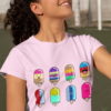 happy girl in light pink tshirt with 8-cute colorful-cartoon popsicles with different faces
