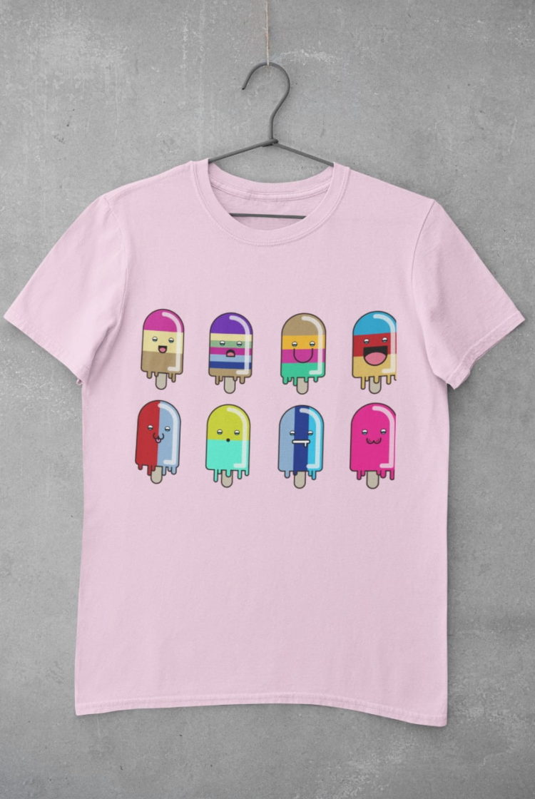 light pink tshirt with 8-cute-colorful-cartoon popsicles with different faces