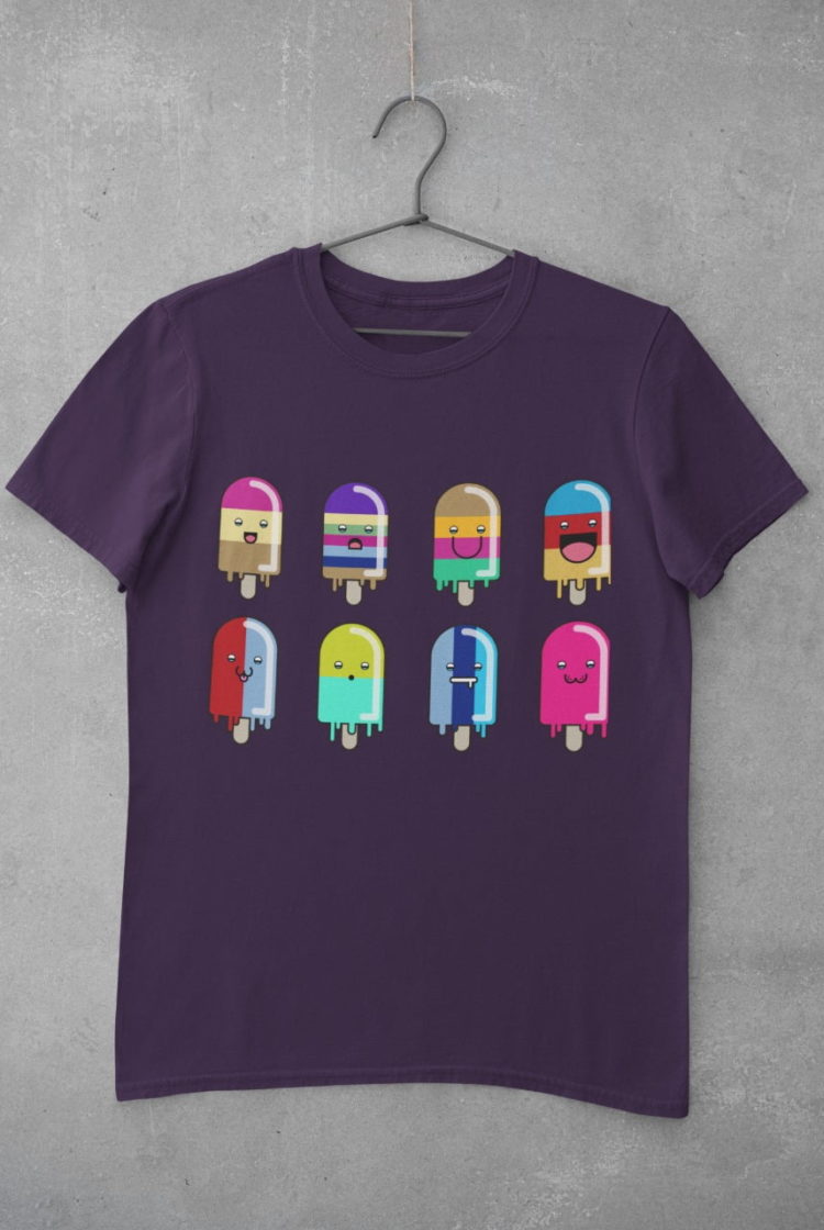 purple tshirt with 8-cute-colorful-cartoon popsicles with different faces