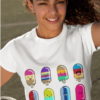 smiling girl in white tshirt with 8-cute-colorful-cartoon popsicles with different faces