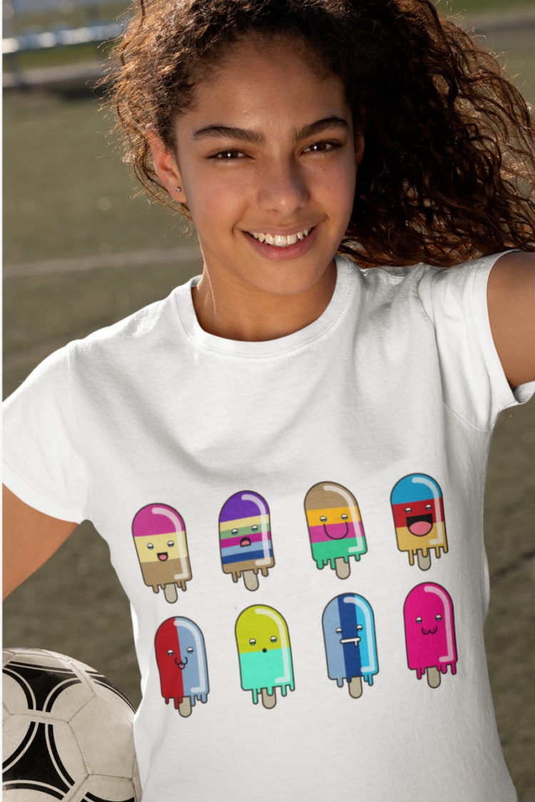 smiling girl in white tshirt with 8-cute-colorful-cartoon popsicles with different faces