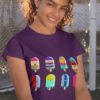 sporty girl in purple tshirt with 8-cute-colorful-cartoon popsicles with different faces