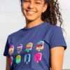 sweet girl in deep blue tshirt with 8-cute-colorful-cartoon popsicles with different faces