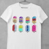 white tshirt with 8-cute-colorful-cartoon popsicles with different faces