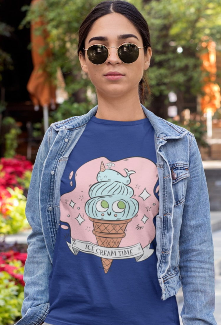 cool girl in deep blue tshirt with Cute icecream cone with whale on top