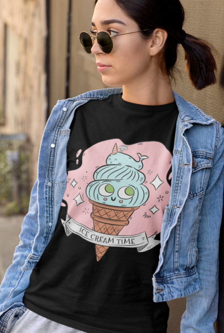 stylish girl in black tshirt with Cute icecream cone with whale on top