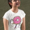 Smiling girl wearing White Tshirt with Funny Pink Donut Saying No