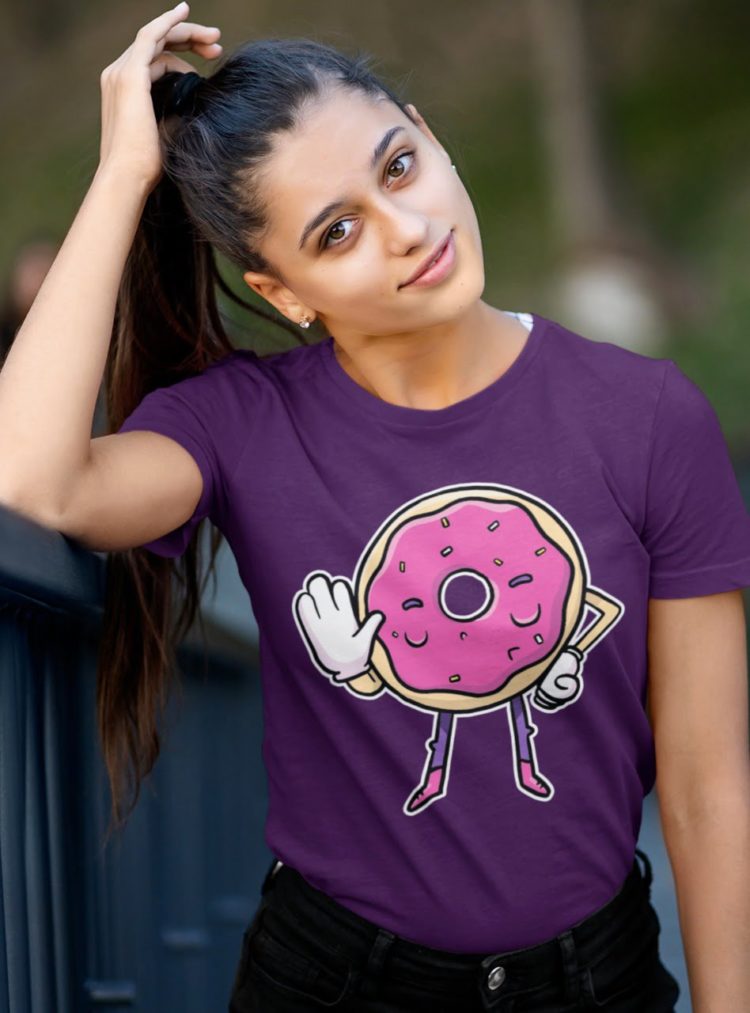 beautiful girl wearing purple Tshirt with Funny Pink Donut Saying No