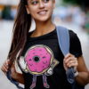 cute girl wearing BlackTshirt with Funny Pink Donut Saying No