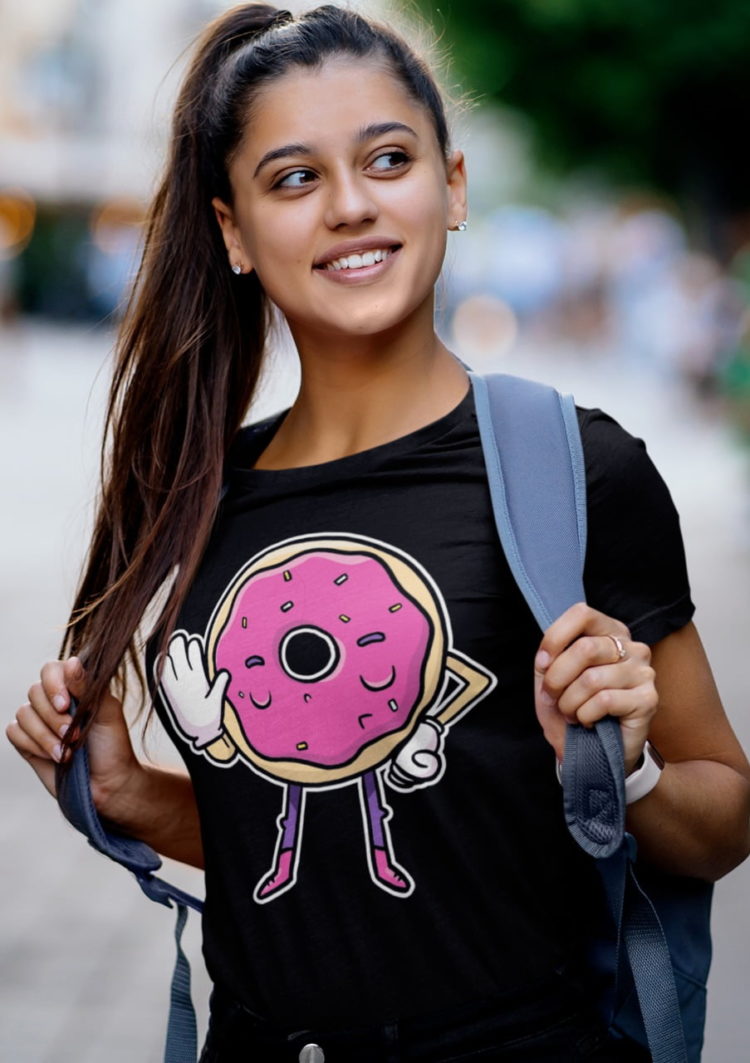 cute girl wearing BlackTshirt with Funny Pink Donut Saying No