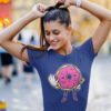 pretty girl wearing deep blue Tshirt with Funny Pink Donut Saying No