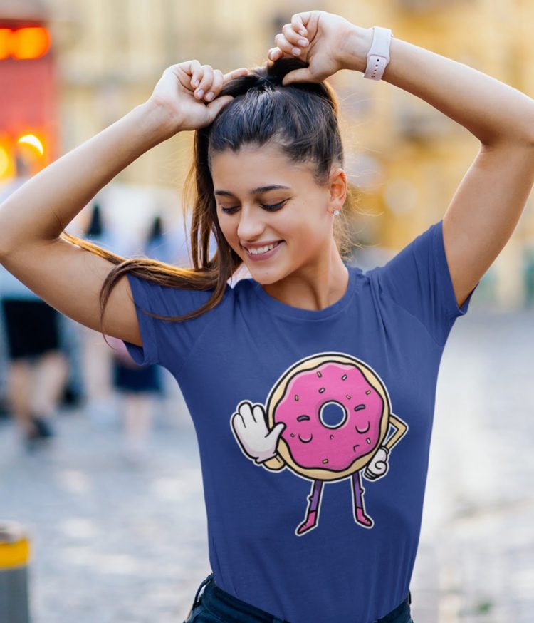 pretty girl wearing deep blue Tshirt with Funny Pink Donut Saying No