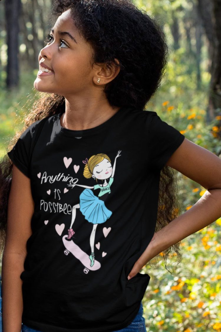 cheerful girl wearing Anything is possible girl on skateboard Black tshirt
