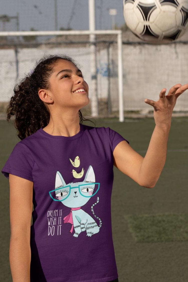 sporty girl in Cat Wearing glasses Dream It Wish It Do it Purple tshirt