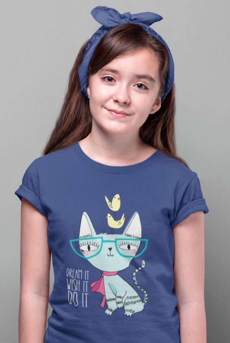 sweet girl in Cat Wearing glasses Dream It Wish It Do it Deep blue tshirt