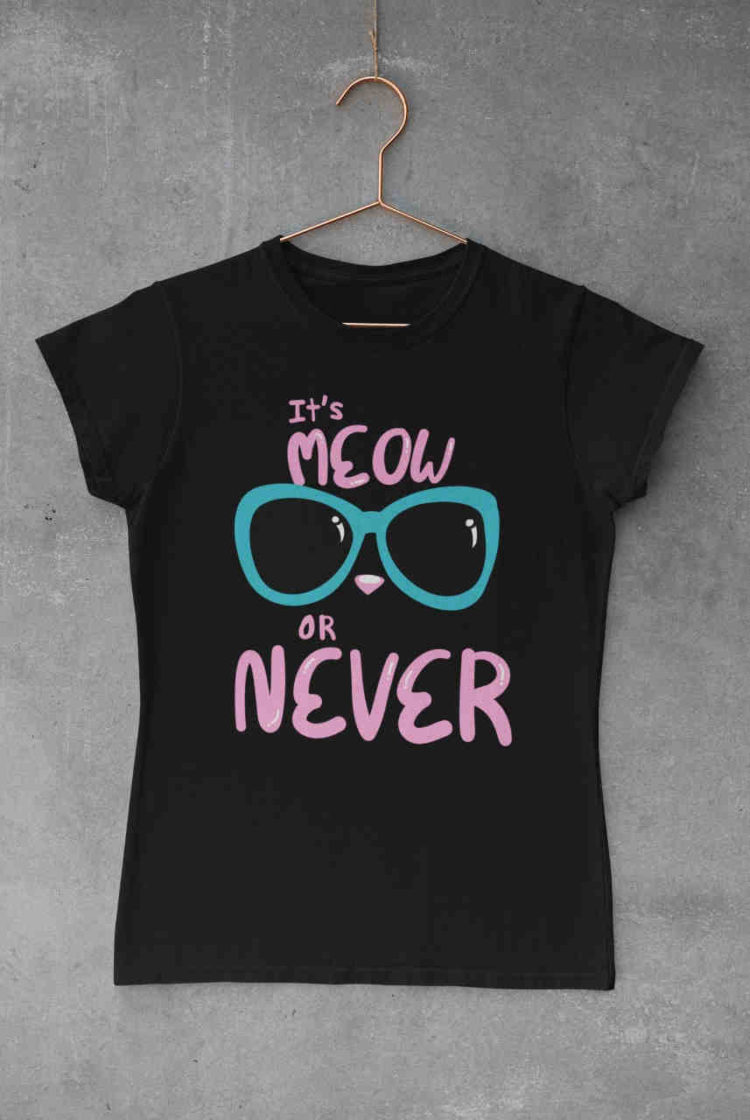 Black tshirt with Cute kitty in sunglasses - it's meow or never