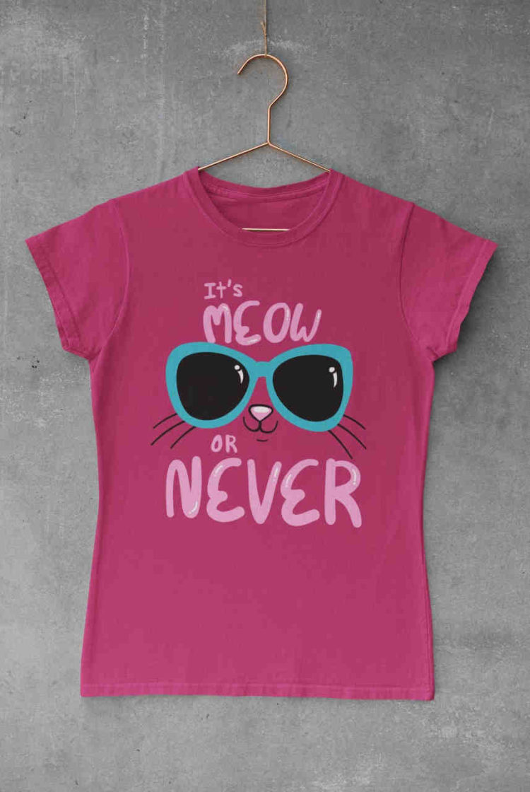 Dark pink tshirt with Cute kitty in sunglasses - it's meow or never