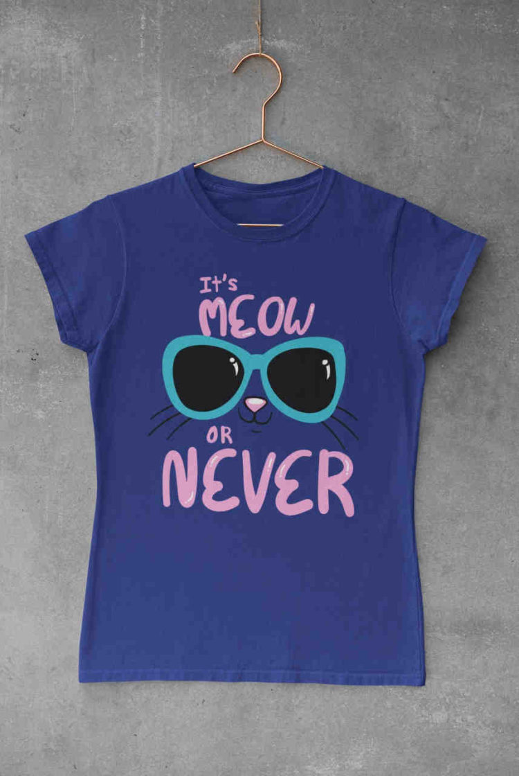 Deep blue tshirt with Cute kitty in sunglasses - it's meow or never