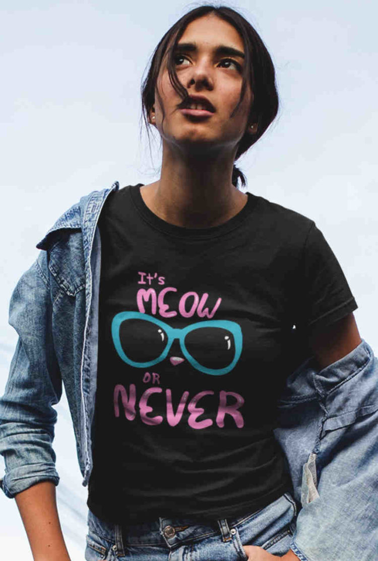 cool girl in Black tshirt with Cute kitty in sunglasses - it's meow or never