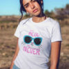 sweet girl in white tshirt with Cute kitty in sunglasses - it's meow or never
