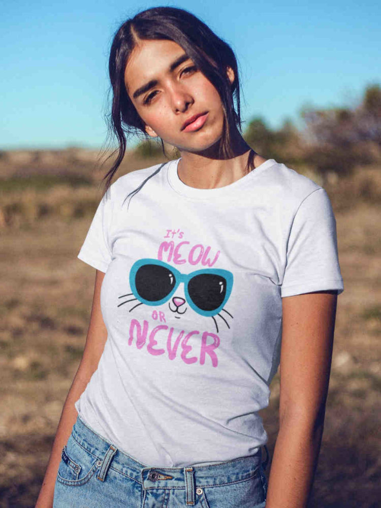 sweet girl in white tshirt with Cute kitty in sunglasses - it's meow or never