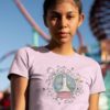 pretty girl wearing light pink tshirt with Science design