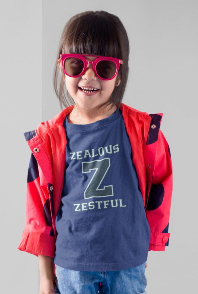 pretty girl in Z zealous zestful red tshirt