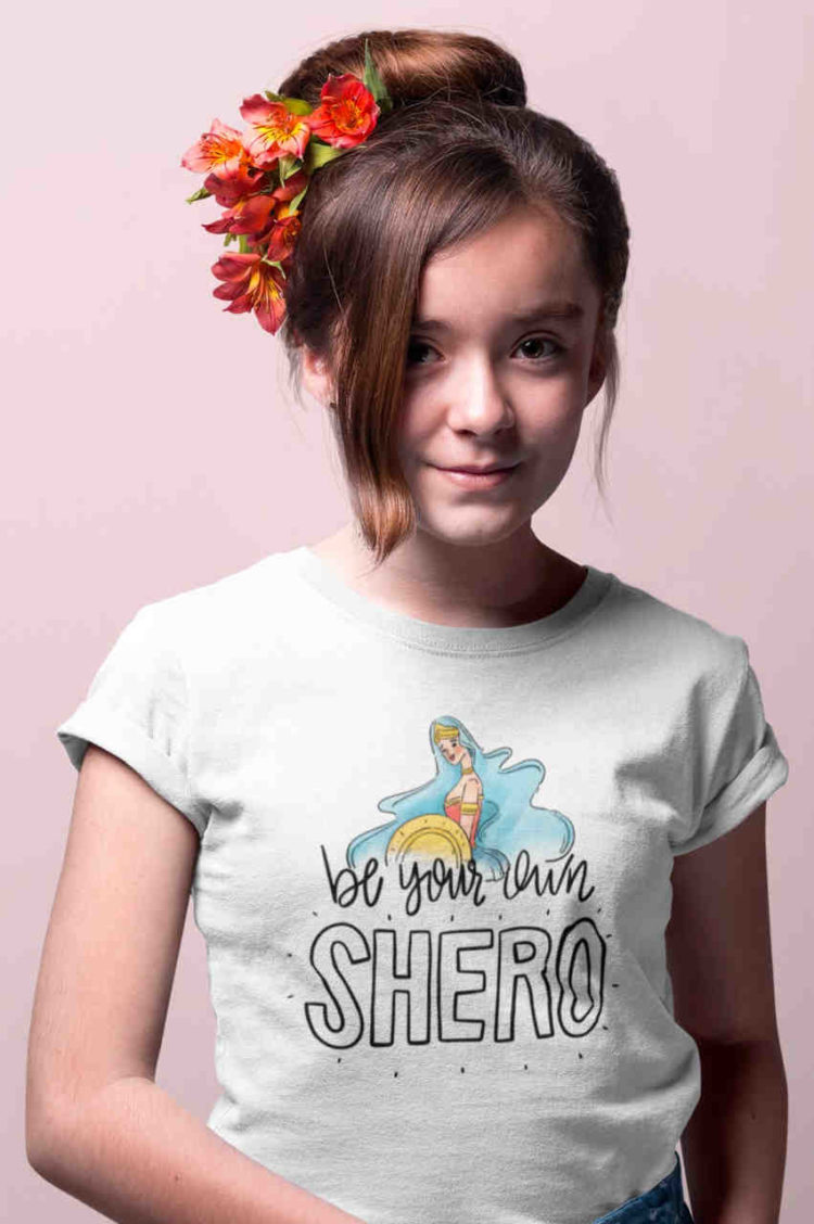 confident girl in white Be Your Own Shero tshirt (1)