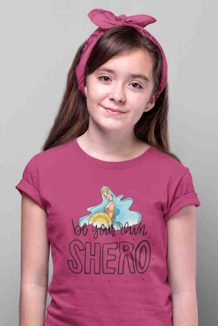 strong girl in dark pink Be Your Own Shero tshirt