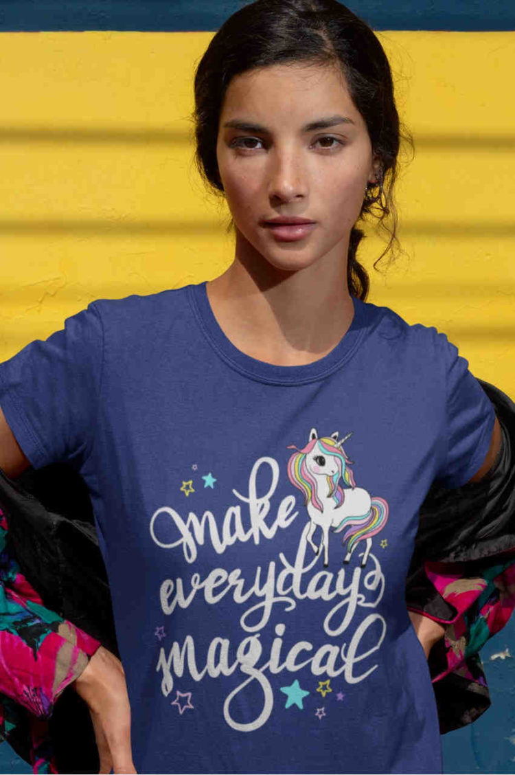 cool girl in Deep blue Make Everyday Magical - unicorn tshirt
