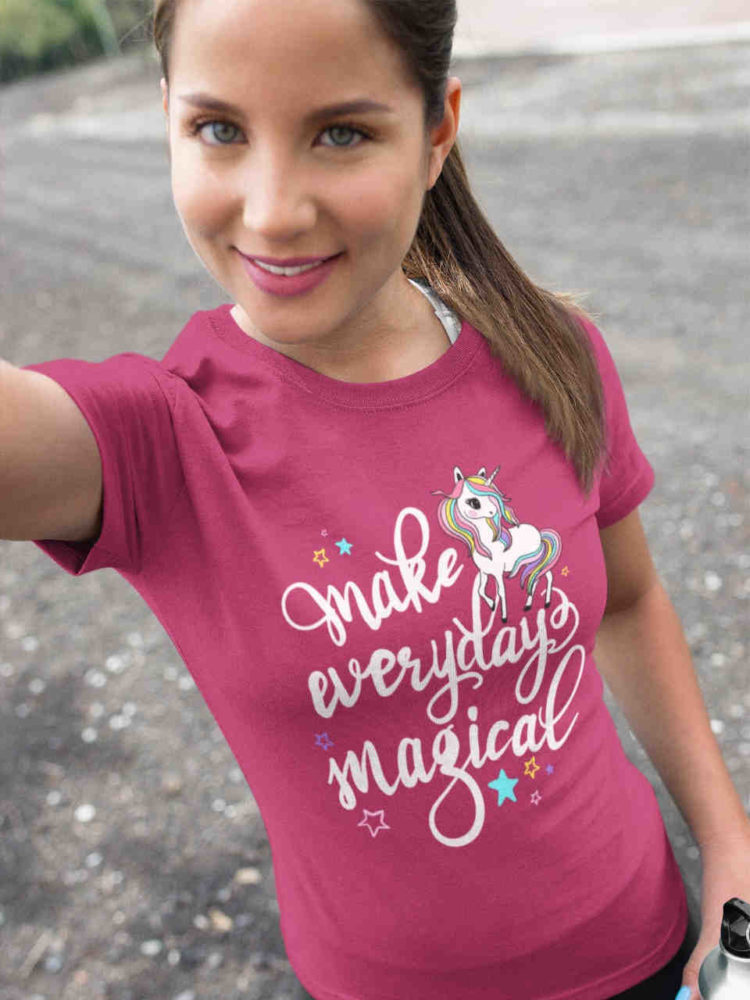 smiling girl in Dark pink Make Everyday Magical - unicorn tshirt
