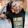 cheerful girl in black Enchanted Forest tshirt